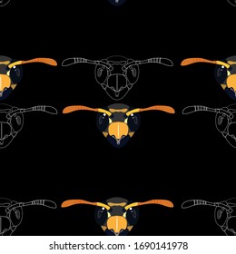 Vector wasp head seamless pattern isolated on dark background. Hand drawn insect repeat design. Beautiful animal design elements for textile, wallpaper, prints, patterns and wrapping paper.