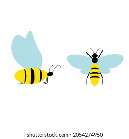 vector wasps and bees set, insects wasps and bees in flat and cartoon graphics on a white background ,simple illustration of a wasp