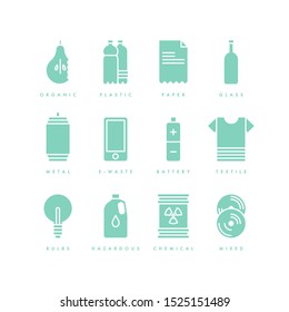 Vector waste recycling icons. Garbage sorting. Recyclable trash - organic, glass, paper, plastic, metal, textile, battery, bulbs, chemical, ect. Reduce reuse recycle. Zero waste.