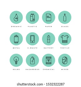 Vector waste recycling icons. Garbage sorting. Recyclable trash - organic, glass, paper, plastic, metal, textile, battery, bulbs, chemical, ect. Reduce reuse recycle. Zero waste.