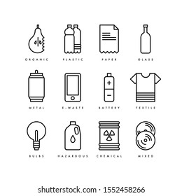 Vector waste recycling icons. Garbage sorting. Recyclable trash - organic, glass, paper, plastic, metal, textile, battery, bulbs, chemical.