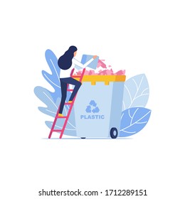 Vector Waste Recycling illustration with trash container, plastic and leaves. Woman throws plastic into recycling container. Environmental Protection, garbage sorting. Modern Ecological Illustration