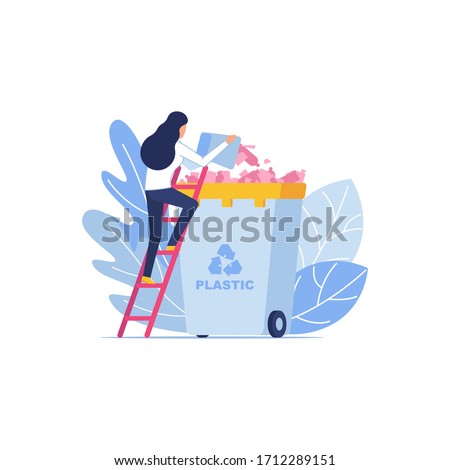Vector Waste Recycling illustration with trash container, plastic and leaves. Woman throws plastic into recycling container. Environmental Protection, garbage sorting. Modern Ecological Illustration