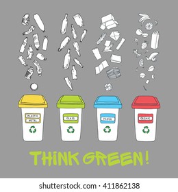 Vector waste sorting set. Hand drawn recycle info-graphic with trash bin and garbage icons. Waste sorting, processing and recycling of garbage.