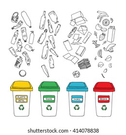 Vector waste sorting set. Hand drawn recycle illustration with trash bin and garbage icons. Waste sorting, processing and recycling of garbage. Vector waste sorting. Garbage sorting.