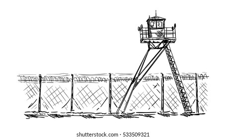 vector - Watch tower in prison, isolated on background