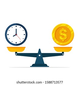 Vector watches and money are on scales. The concept of weighing time and money to find a balance in life.