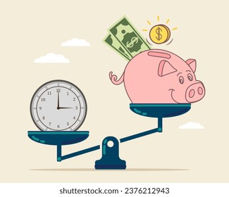 Vector watches and piggy bank with money are on scales. The concept of weighing time and money to find a balance in life.