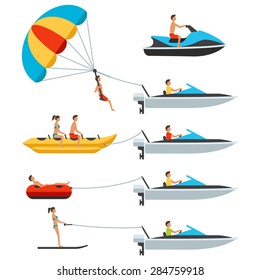 Vector water activity items with people: water scooter, banana, donut, ski, parachute, motor boat. Isolated on white background. Flat design style.