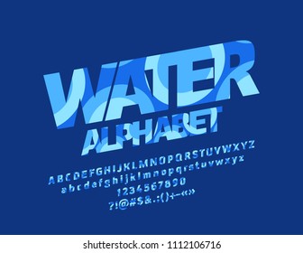 Vector Water Alphabet. Graphic Style Font. Blue Letters, Numbers And Symbols