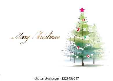 Vector Water Colour Style Christmas Card On White Background.christmas Tree.golden Text