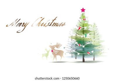 Vector Water Colour Style Christmas Tree And Reindeer On Winter Background