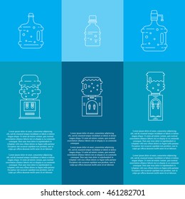 Vector water delivery service banners and flyers. Water bottles, water coolers. Line symbols with text.