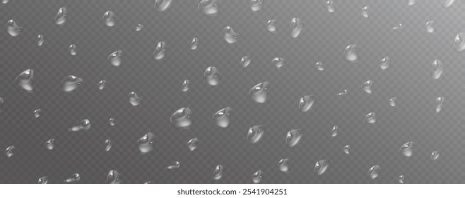 Vector de gotas de agua, gotas, gotitas. Gotas de PNG, condensación en vidrio, en varias superficies. Gotas realistas sobre un fondo transparente. Lluvia y rocío.
