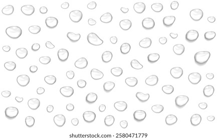 Vector water drop, drops, droplets. PNG drops, condensation on glass, on various surfaces. Realistic drops on a transparent background. Rain and dew.
