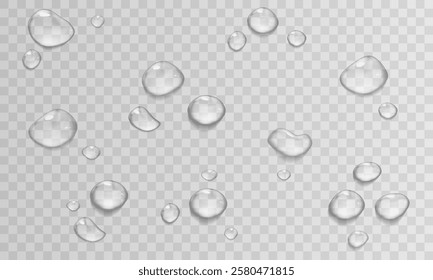 Vector water drop, drops, droplets. PNG drops, condensation on glass, on various surfaces. Realistic drops on a transparent background. Rain and dew.