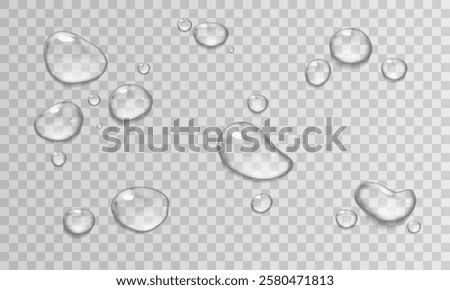 Vector water drop, drops, droplets. PNG drops, condensation on glass, on various surfaces. Realistic drops on a transparent background. Rain and dew.