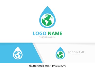 Vector water drop and earth logo combination. Unique globe logotype design template.
