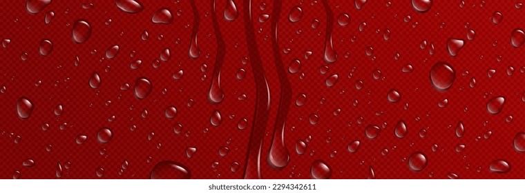 Vector water drop texture on red glass background. Realistic dew bubble droplet pattern on strawberry color surface. 3d abstract liquid drink graphic design wallpaper. Condensation flow on window