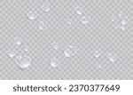 Vector water droplets. Droplets, condensation on glass, on various surfaces. Realistic droplets on a transparent isolated background. PNG.