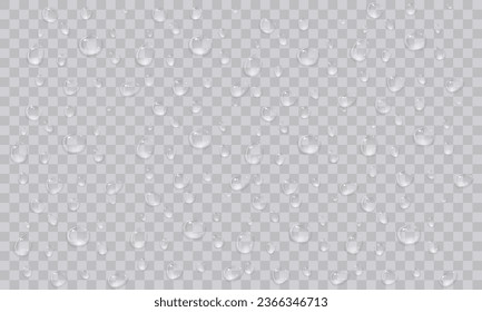 Vector water droplets. Droplets, condensation on glass, on various surfaces. Realistic droplets on a transparent isolated background. PNG.