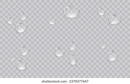 Vector water droplets. Droplets, condensation on glass, on various surfaces. Realistic droplets on a transparent isolated background. PNG.