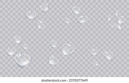 Vector water droplets. Droplets, condensation on glass, on various surfaces. Realistic droplets on a transparent isolated background. PNG.