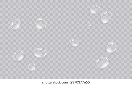 Vector water droplets. Droplets, condensation on glass, on various surfaces. Realistic droplets on a transparent isolated background. PNG.