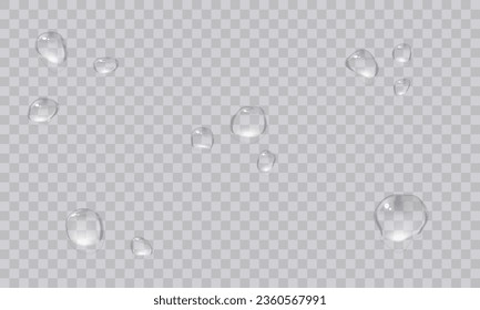 Vector water droplets. PNG droplets, condensation on glass, on various surfaces. Realistic droplets on a transparent isolated background. PNG.