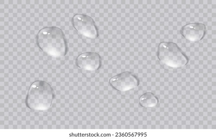 Gotas de agua vectorial. Gotas PNG, condensación en vidrio, en varias superficies. Gotas realistas sobre un trasfondo transparente y aislado. Papúa Nueva Guinea.