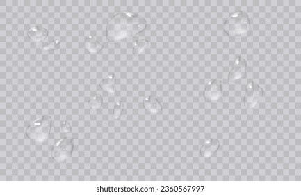 Vector water droplets. PNG droplets, condensation on glass, on various surfaces. Realistic droplets on a transparent isolated background. PNG.