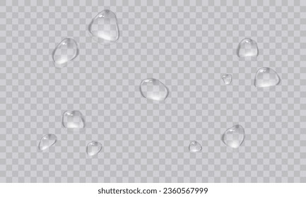 Vector water droplets. PNG droplets, condensation on glass, on various surfaces. Realistic droplets on a transparent isolated background. PNG.