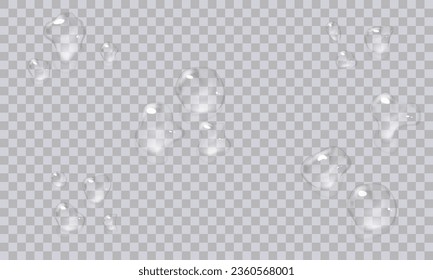 Vector water droplets. PNG droplets, condensation on glass, on various surfaces. Realistic droplets on a transparent isolated background. PNG.