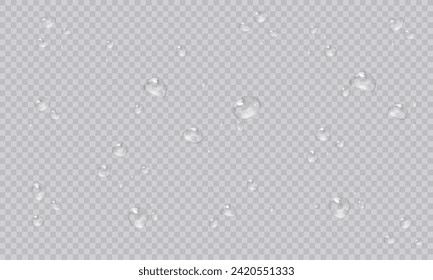 Vector water droplets. PNG droplets, condensation on glass, on various surfaces. Realistic droplets on a transparent isolated background. PNG.