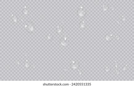 Vector water droplets. PNG droplets, condensation on glass, on various surfaces. Realistic droplets on a transparent isolated background. PNG.