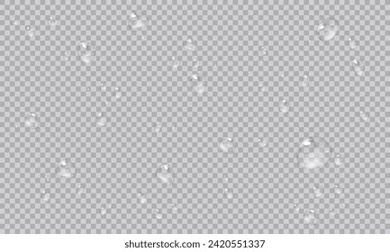 Vector water droplets. PNG droplets, condensation on glass, on various surfaces. Realistic droplets on a transparent isolated background. PNG.