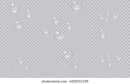 Wassertröpfchen. PNG-Tropfen, Kondensation auf Glas, auf verschiedenen Oberflächen. Realistische Tröpfchen auf transparentem, isoliertem Hintergrund. PNG.