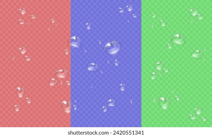 Vector water droplets. PNG droplets, condensation on glass, on various surfaces. Realistic droplets on a transparent isolated background. PNG.