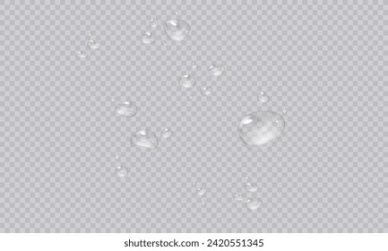 Vector water droplets. PNG droplets, condensation on glass, on various surfaces. Realistic droplets on a transparent isolated background. PNG.