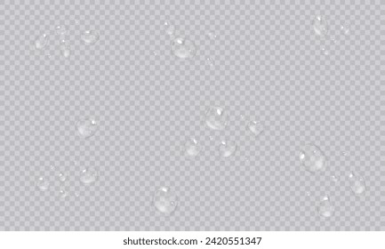 Vector water droplets. PNG droplets, condensation on glass, on various surfaces. Realistic droplets on a transparent isolated background. PNG.