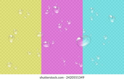 Vector water droplets. PNG droplets, condensation on glass, on various surfaces. Realistic droplets on a transparent isolated background. PNG.