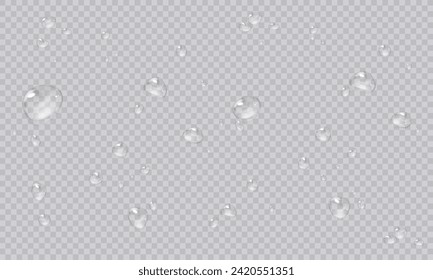 Vector water droplets. PNG droplets, condensation on glass, on various surfaces. Realistic droplets on a transparent isolated background. PNG.