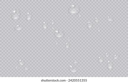 Vector water droplets. PNG droplets, condensation on glass, on various surfaces. Realistic droplets on a transparent isolated background. PNG.