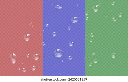 Vector water droplets. PNG droplets, condensation on glass, on various surfaces. Realistic droplets on a transparent isolated background. PNG.