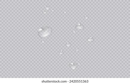 Vector water droplets. PNG droplets, condensation on glass, on various surfaces. Realistic droplets on a transparent isolated background. PNG.