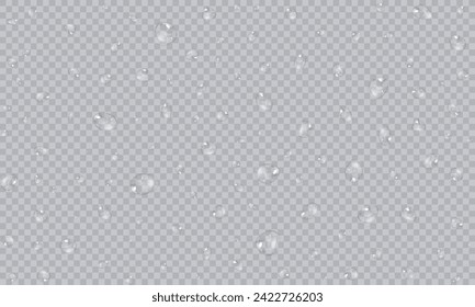 Vector water droplets. PNG droplets, condensation on glass, on various surfaces. Realistic droplets on a transparent isolated background. PNG.