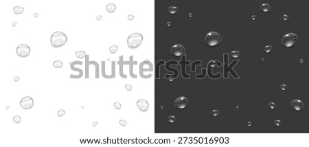 Vector water droplets. PNG droplets, condensation on glass, on various surfaces. Realistic droplets on a transparent isolated background. PNG.