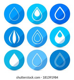 Vector Water Drops Icons Set on Blue Circles