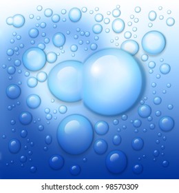 Vector water drops on blue wave background.