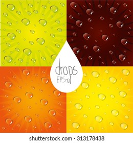Vector water drops on a bright background, drops of different colors
